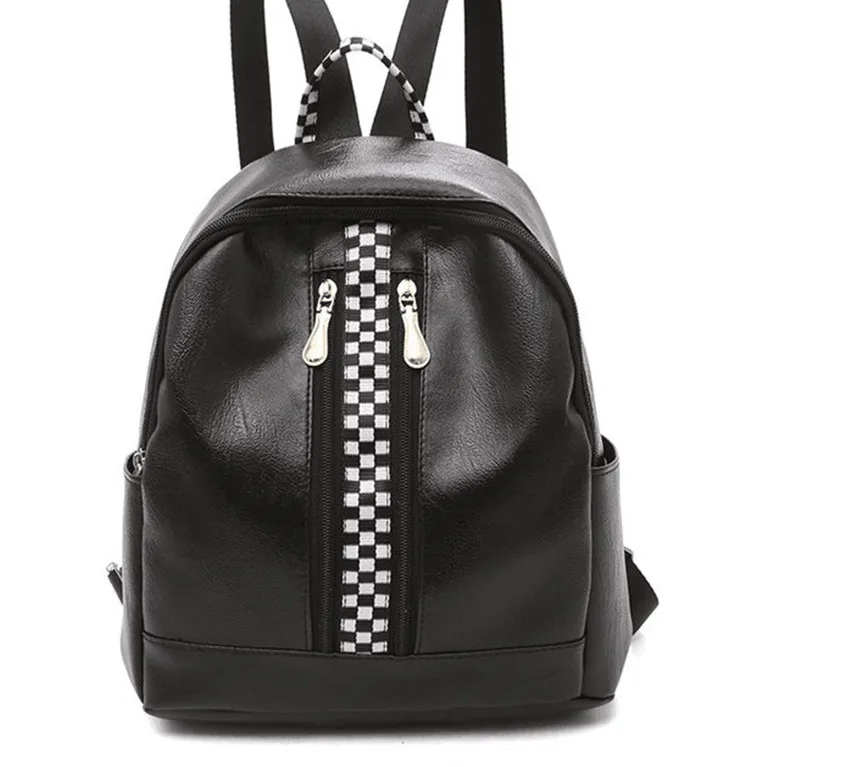 

Racing Check Womens Faux Leather Rucksack Lightweight School Backpack Casual Zipper Daypack Black White Racewear Gear