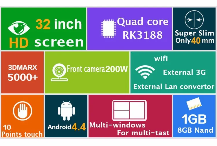32 дюймов Android все в одном ПК сенсорный экран(четырехъядерный, 1 ГБ DDR3, 8 ГБ nand, 5 м камера, 3 Вт* 2 колонки, VESA, Bluetooth