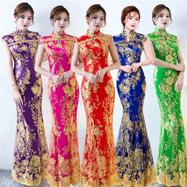 Wedding Party Cheongsam Oriental Evening Dress Chinese Traditional Womens Elegant Qipao Sexy Lace Long Robe Retro Vestido