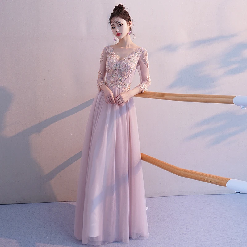 SSYFashion New Evening Gowns Nude Pink V-neck 3/4 Sleeves Lace Appliques Beading Floor-length Banquet Elegant Formal Dresses pink ball gown Evening Dresses