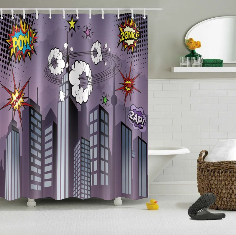 

Funny Cartoon Style Custom Waterproof Bathroom Super Hero Boom Shower Curtain Polyester Fabric Bathroom Curtain Kids Gift
