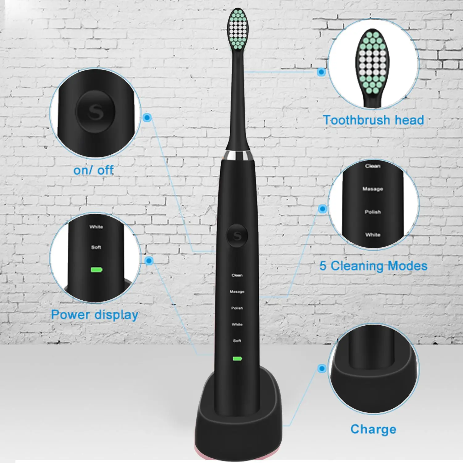 Горячая TOD-USB перезаряжаемая электрическая зубная щетка, звуковая вибрационная электрическая зубная щетка, IPX7 Водонепроницаемая