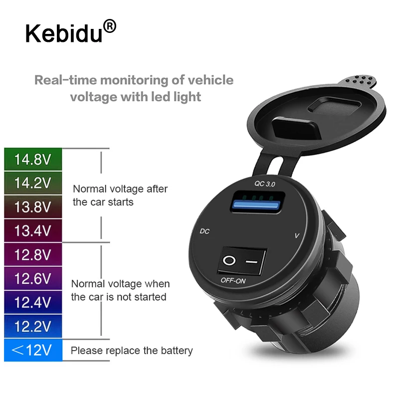 Kebidu 12 24V QC3.0 быстро aвтомобильное зарядное устройство с одним USB Автомобильное