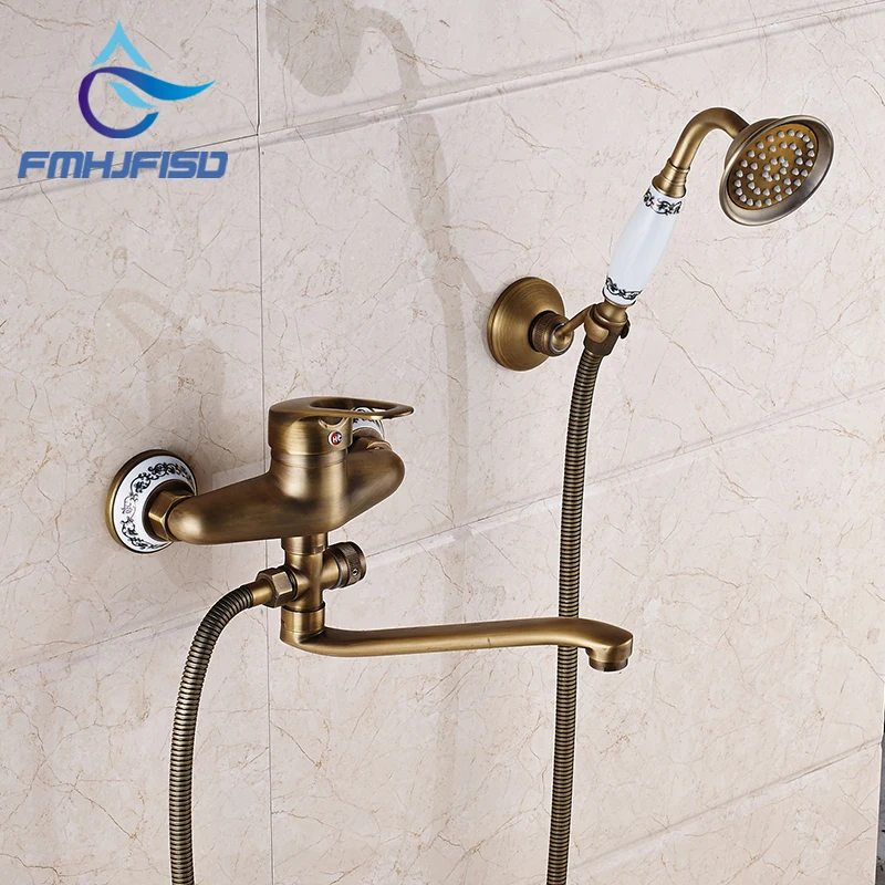 Bathroom Shower Faucet with Long Tub Spout Antique Brass Wall Mounted