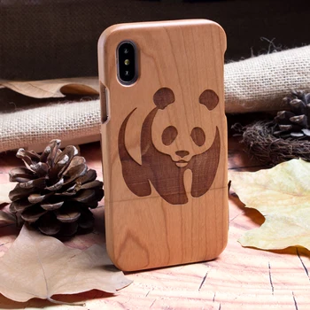 

Customized 100% real wood nature animal cute panda phone case for Iphone 6 S 7 8 plus X S R MAX retro wooden phone shell