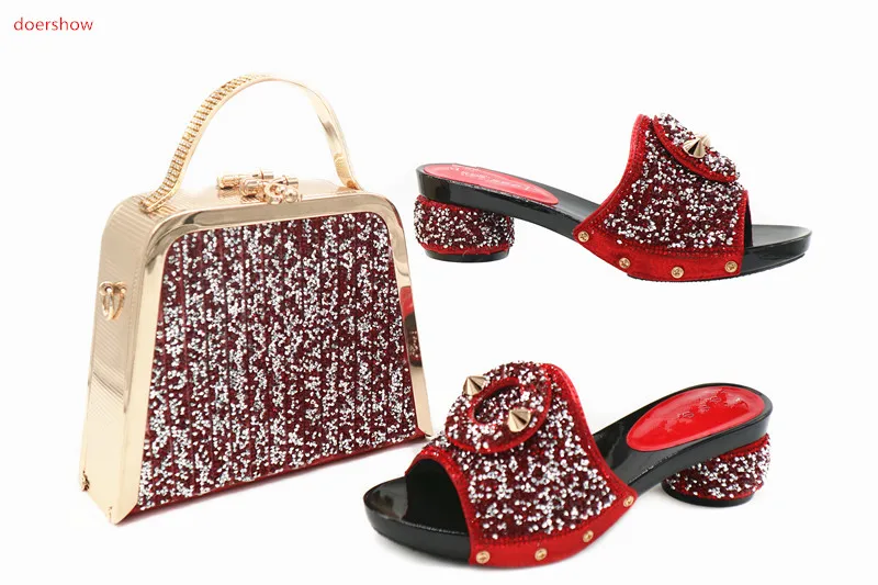 

doershow Charming Italian Shoes With Matching Bags Rhinestones Black High Quality African Shoes And Bags Set for wedding TN1-19
