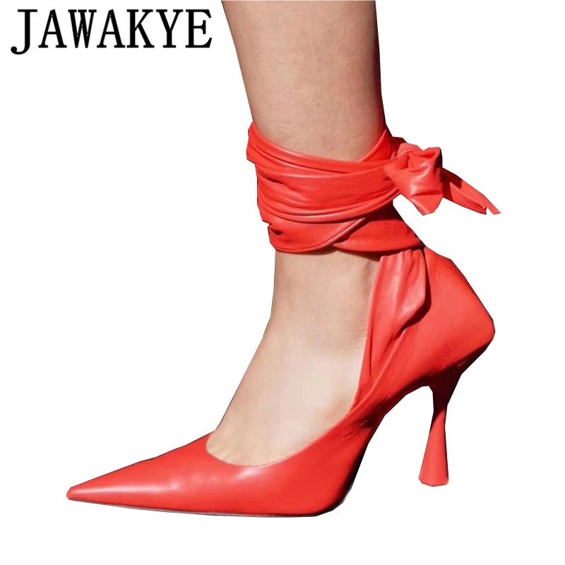 red strappy pointed heels