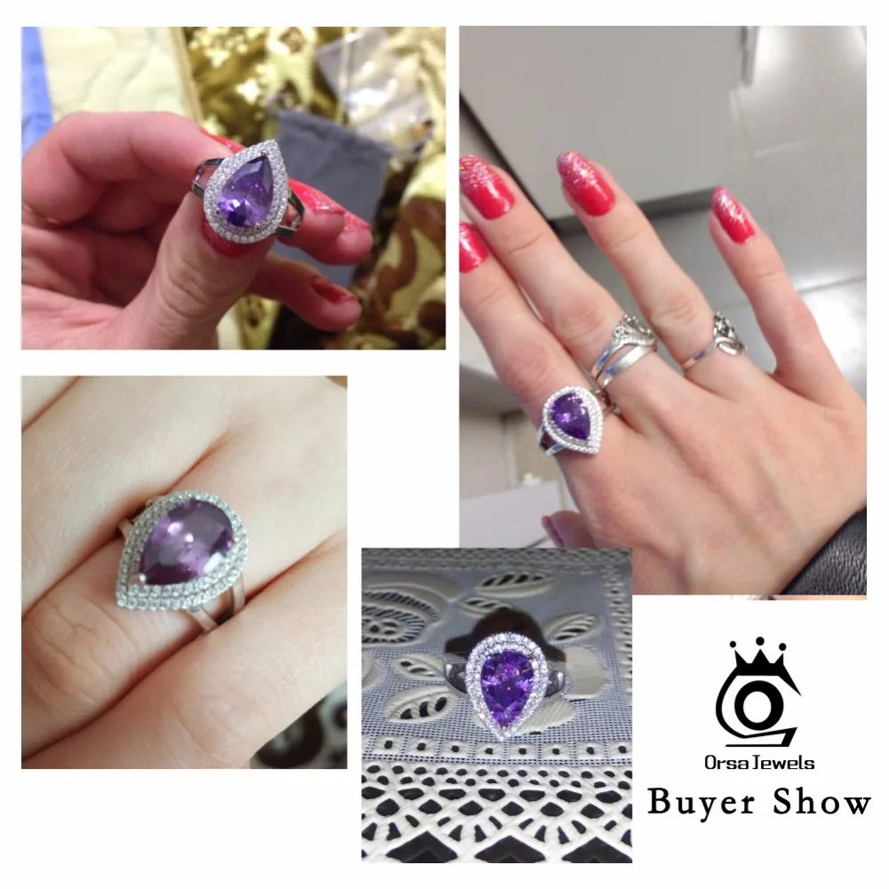 ORSA JEWELS Big Water Drop 6 ct Zircon Ring 3 Prong Setting with Micro Paved CZ Stone Around Trendy Party Rings for Women OR36