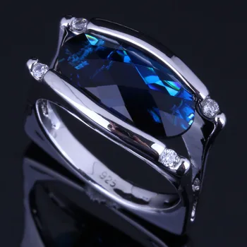

Amazing Oval Blue Cubic Zirconia White CZ Silver Plated Ring V0659