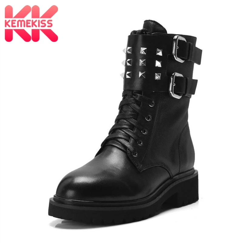 

KemeKiss Women Genuine Leather Flats Boots Rivet Motorcycle Warm Punk Shoes Women Fashion Gothic Zipper Ankle Boots Size 34-39