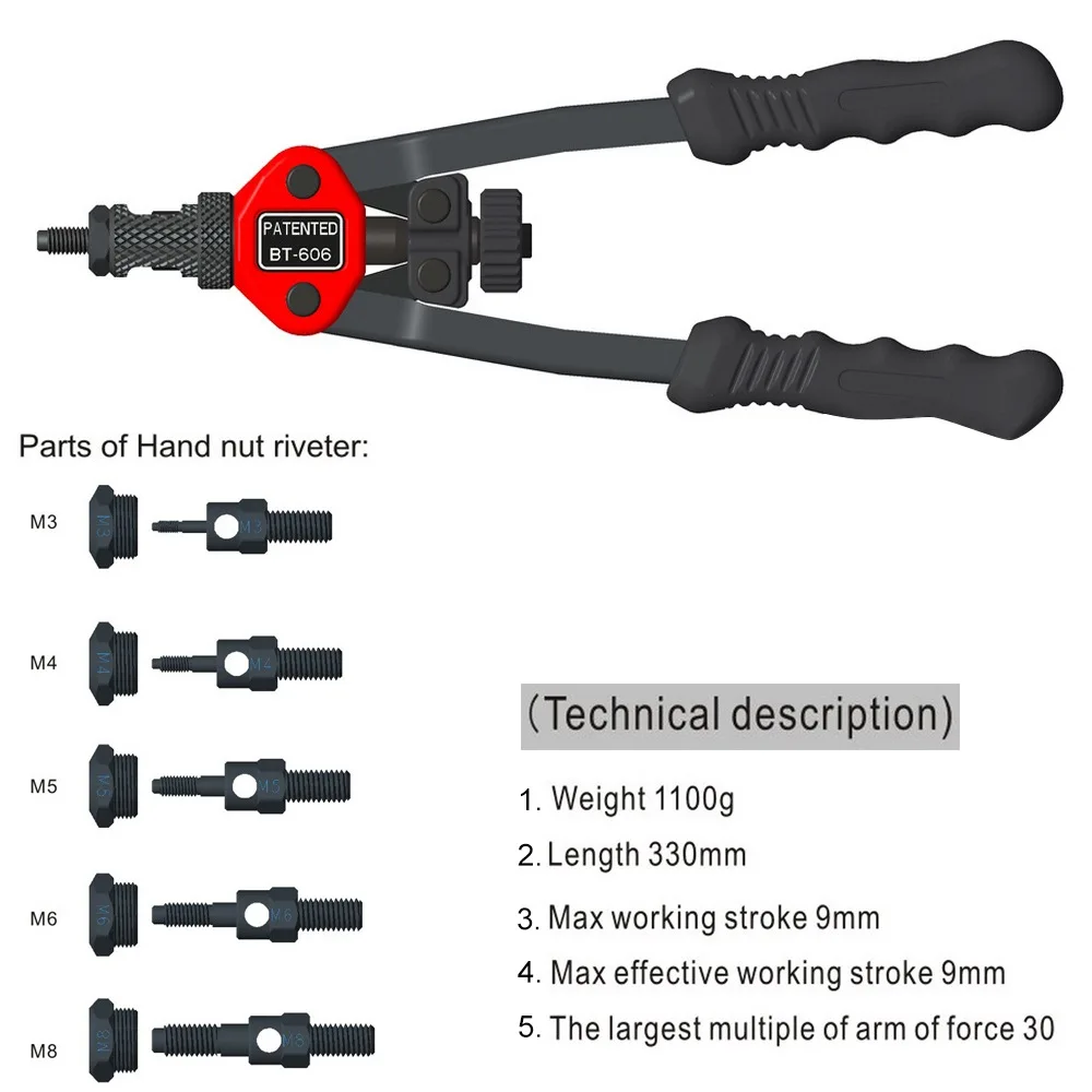 Клепальщик Gun Автомобильная заклепка инструмент 12 "потайная гайка пистолет тяжелая рука насадка инструмент ручной оправки M3 M4 m5 m6 m8 m10 m12 BT-606