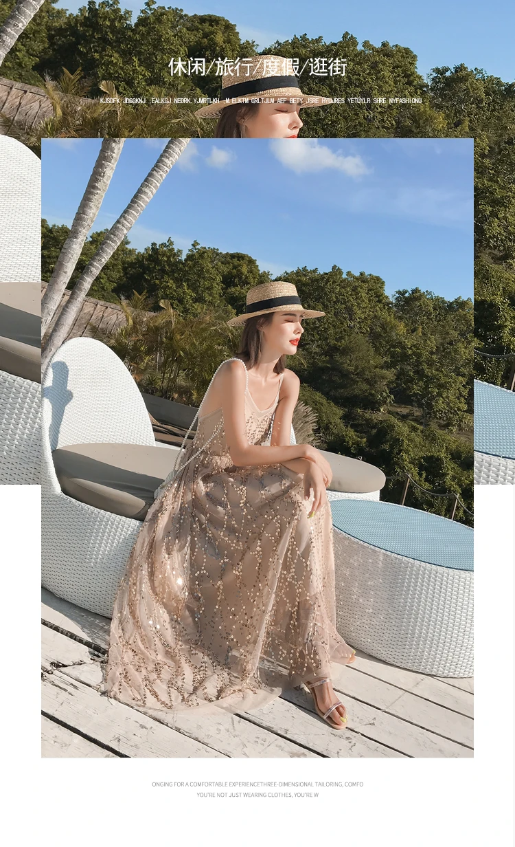 Платье корейское vestidos летнее Новое поступление Новое расшитое блестками большое открытая спина дизайн чувство длинное платье Таиланд праздник был тонкий