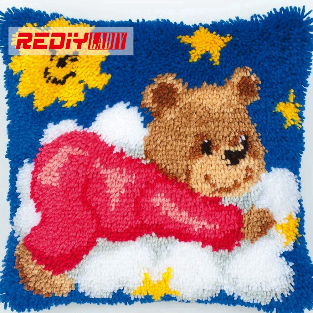 

HOT 3D Latch Hook Pillow Kits DIY Needlework Crocheting Kit Yarn 2015 Handmade Embroidery Unfinished Pillowcase Red Sleeping Ted