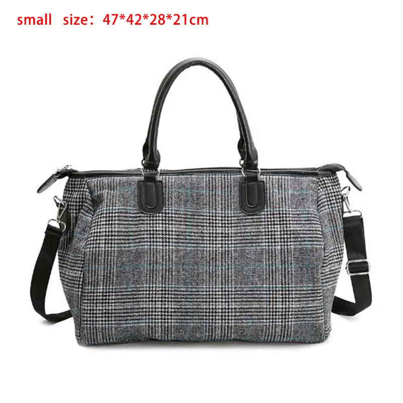 Short-distance Travel Bag Female Handbag Wool Large Capacity Waterproof Men Diagonal Fitness Bag Black Plaid Pattern Duffel Bag - Цвет: Black-Small