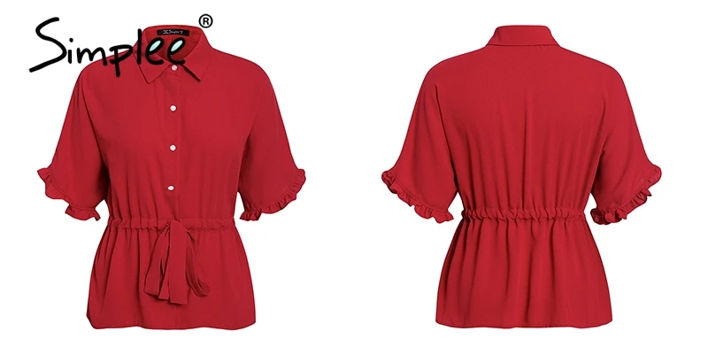 Женская блузка Simplee с рюшами, женская повседневная свободная рубашка с отложным воротником, красного цвета с коротким рукавом и поясом, деловые однотонные топы, блузки