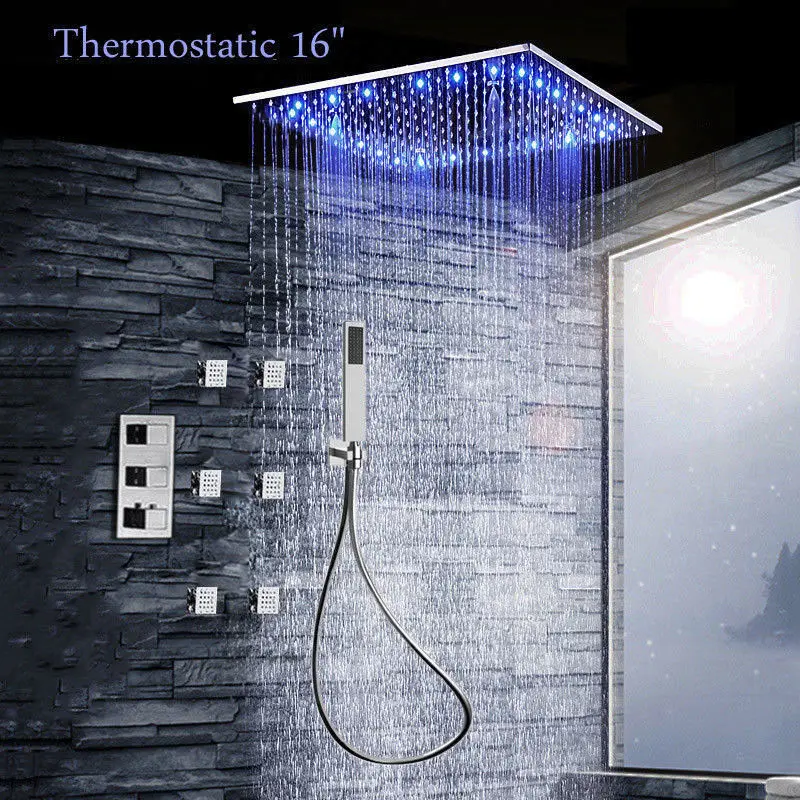 

Chrome Concealed shower set 16" LED Rain Shower Head Faucet 6 Massage Jet Tap Hand Shower Combonate Bathroom Shower Faucet
