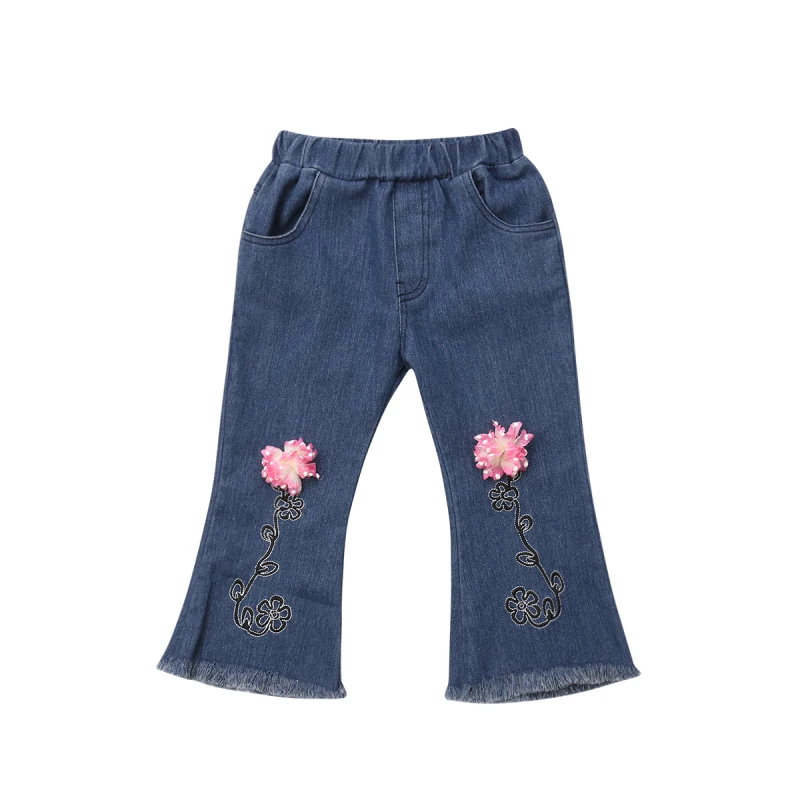 Детская одежда для маленьких девочек с объемным цветком и кисточками; Длинная с резинкой в талии; джинсы из денима