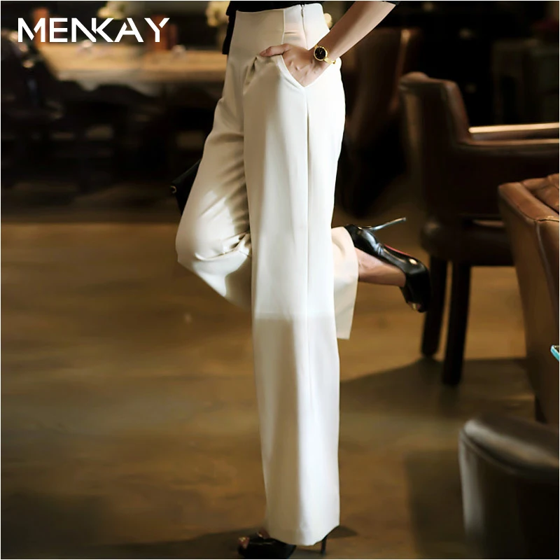 

[MENKAY] 2018 Spring Summer New High Waist Korean Thin Casual White Loose Long Wide Leg Pants Women New Fashion Clothes