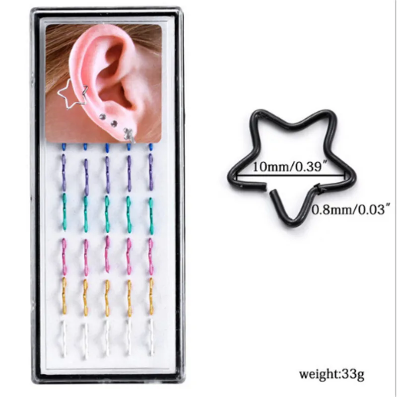 40pcs/lot New Stainless Steel multicolor Nose Open Hoop Ring Star Earring Body Piercing Studs Women Men Fashion Jewelry | Украшения и
