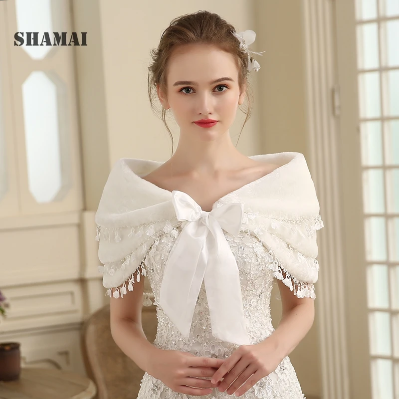 

SHAMAI Women Faux Fur Winter Autumn Warm Bridal Lace Wedding Wrap Stole Bolero Scarf Wedding party Cape