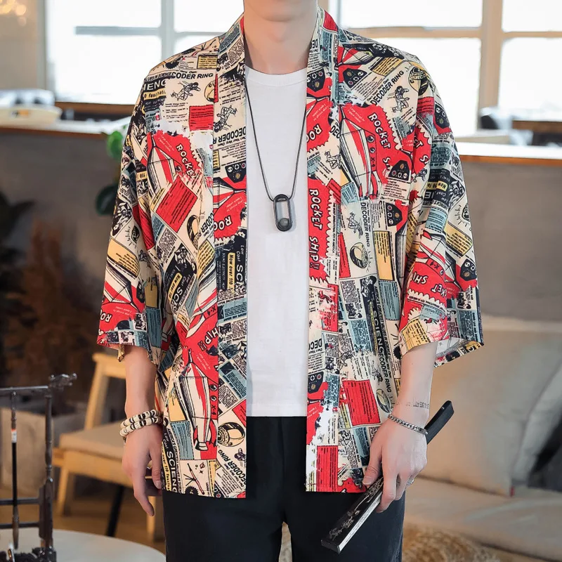 

#4385 Summer Thin Kimono Cardigan Jacket Male Loose Plus Size 4XL 5XL Vintage Printed Stretwear Hip Hop Jacket Men Chinese Style