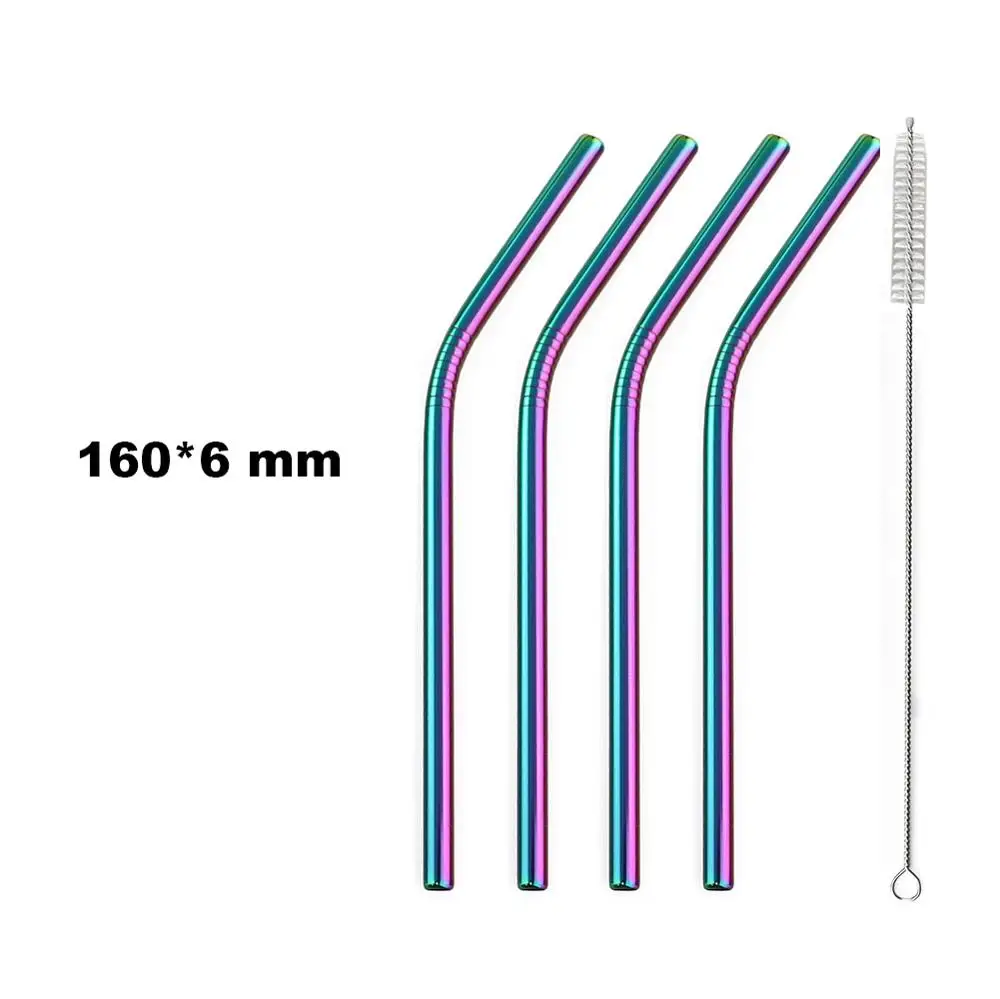 JANKNG 16 см цветная металлическая соломинка 4 шт 304 Нержавеющая сталь Соломинки многократного использования изогнутая соломинка кружка Питьевая соломинка с чистящей щеткой - Цвет: Rainbow-3