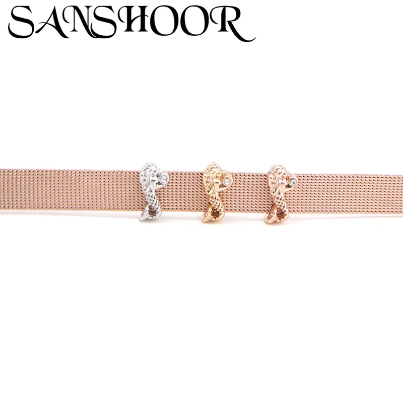 

SANSHOOR Jewelry Crystal Rhinestone Mermaid Slide Charms Keeper Fit 10mm Stainless Steel Mesh Bracelet for Accessories Making