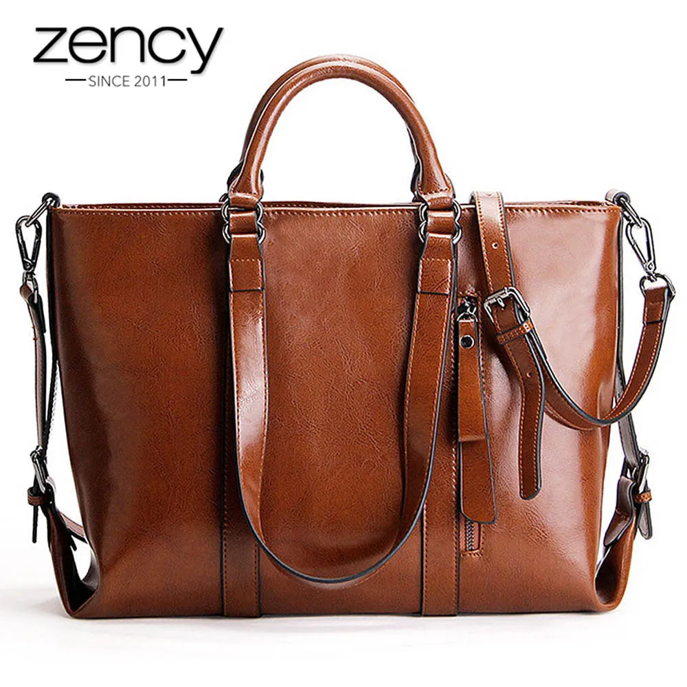 

Zency Retro Brown Women Handbag 100% Genuine Leather Casual Tote Large Capacity Shopping Bags Elegant Crossbody Shoulder Bag