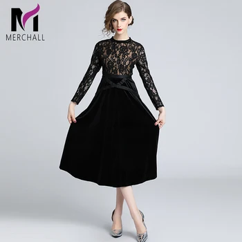 

Merchall Autumn Winter Velvet Dress Women's Lace Floral Embroidery Elegant Formal Party Dresses Solid Long Maxi Dress Vestidos