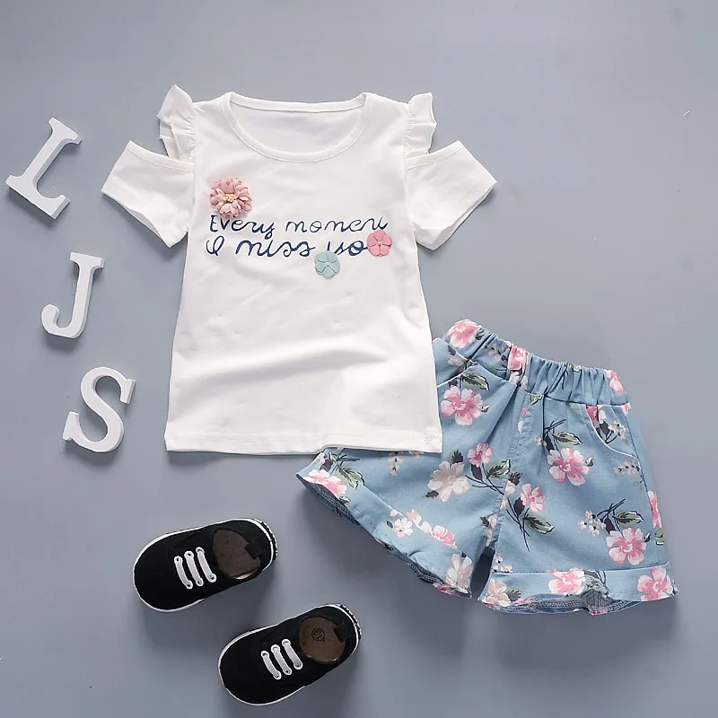 BibiCola/летний комплект одежды для маленьких девочек, комплект одежды для малыша, детский спортивный костюм топы для девочек+ шорты с цветочным рисунком, спортивный костюм для маленьких девочек