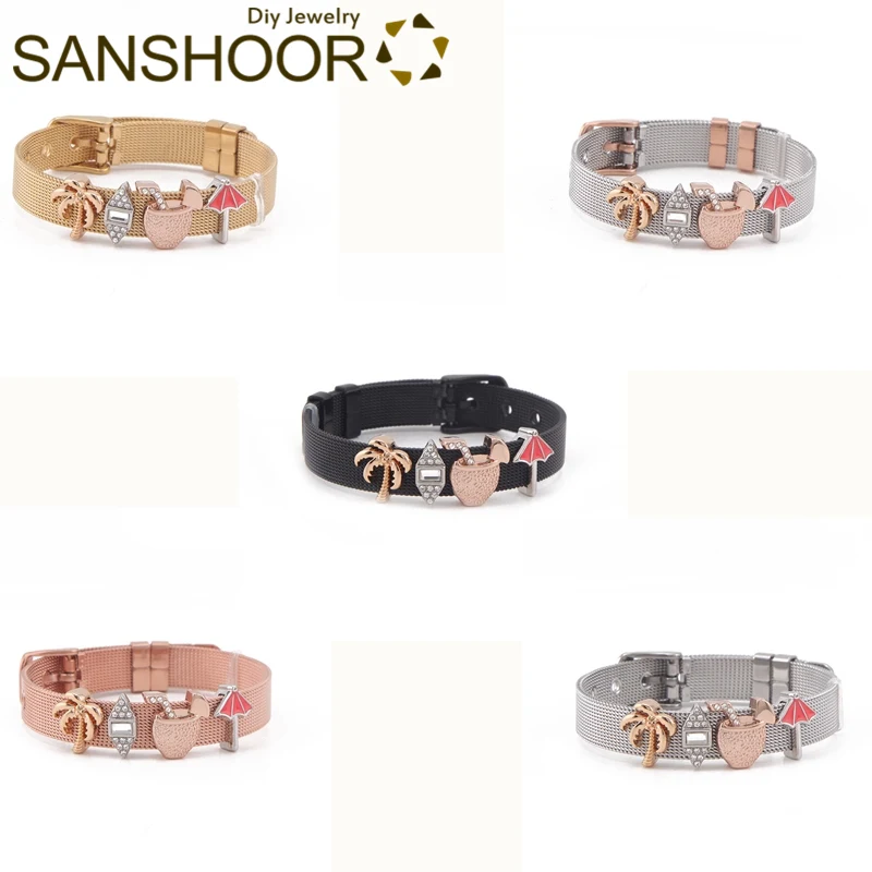 

SANSHOOR Summer Holiday Keeper Bracelet Set With Coconut Drink Tree Umbrella Slide Charms and 21cm Mesh Armband Bangle For Women