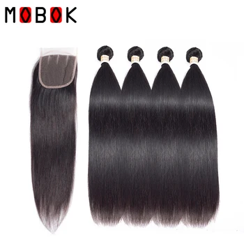 

MOBOK Brazilian Straight Hair 3 Bundles With Lace Closure Remy Natural Color Human Hair Bundles With 4x4 5x5 6x6 Lace Closure