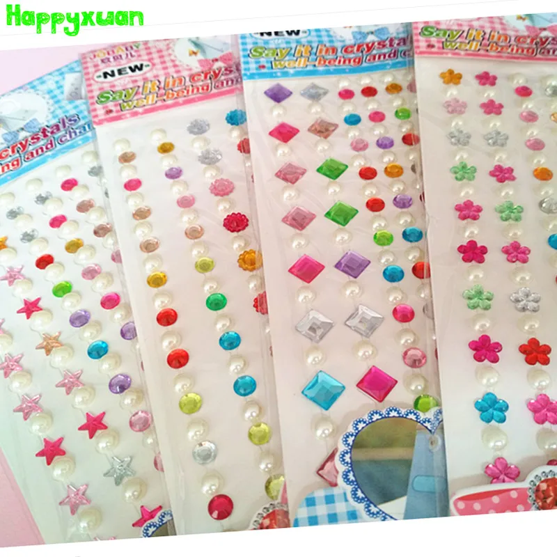 Happyxuan 4 Sheets Crystal Diamond Pearl Stickers for Scrapbooking Rhinestone Self Adhesive Strips DIY Creative Craft