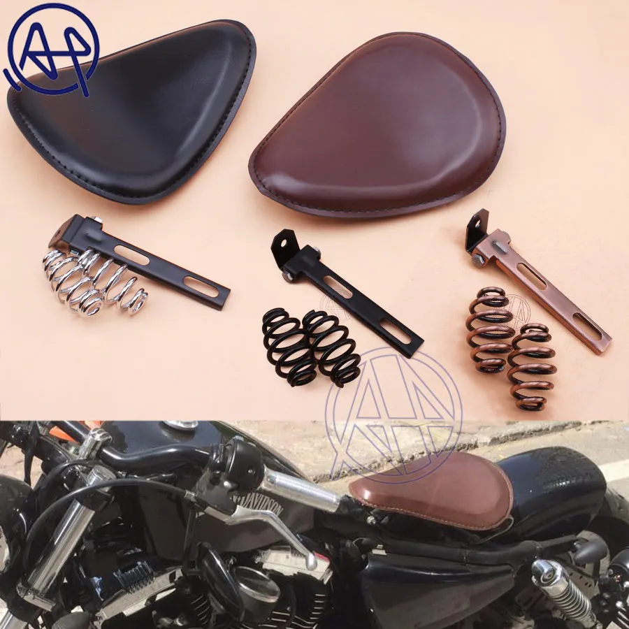 

Brown/Black Vintage Motorcycle Leather Solo Seat Cover 3" Spring Swivel Bracket Universal For Harley Chopper Bobber Honda Custom