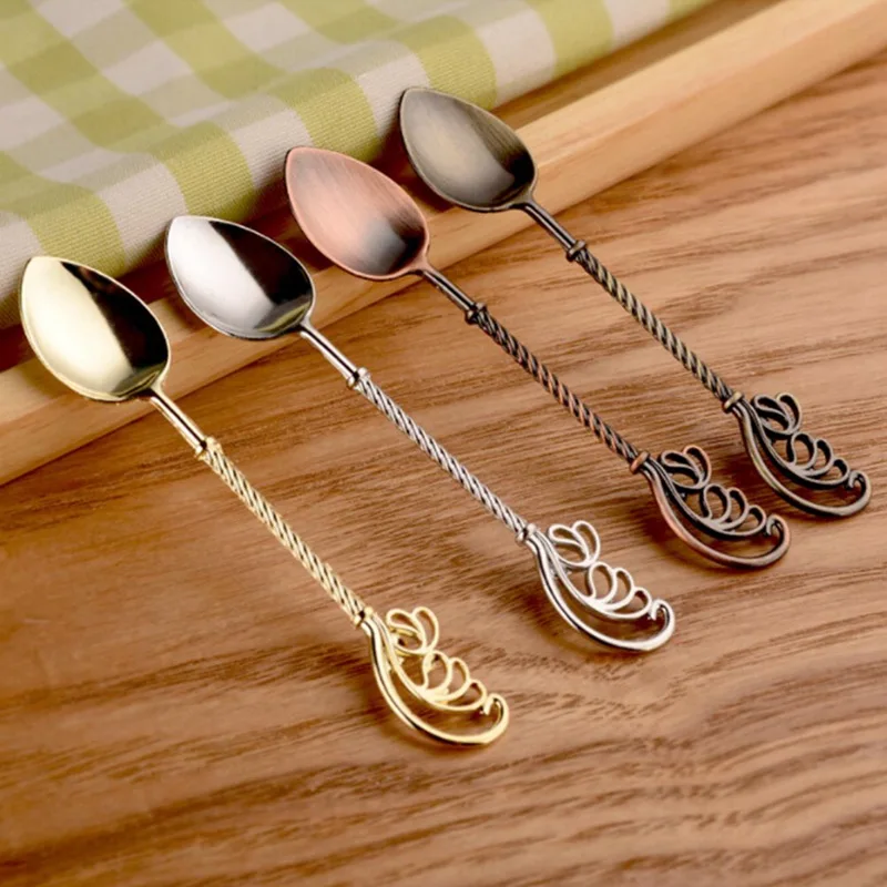

1 Piece Vintage Alloy Coffee Ice Cream Tea Spoon Retro Style Feather Handle Stick Dessert Spoons Sugar Measuring Tool
