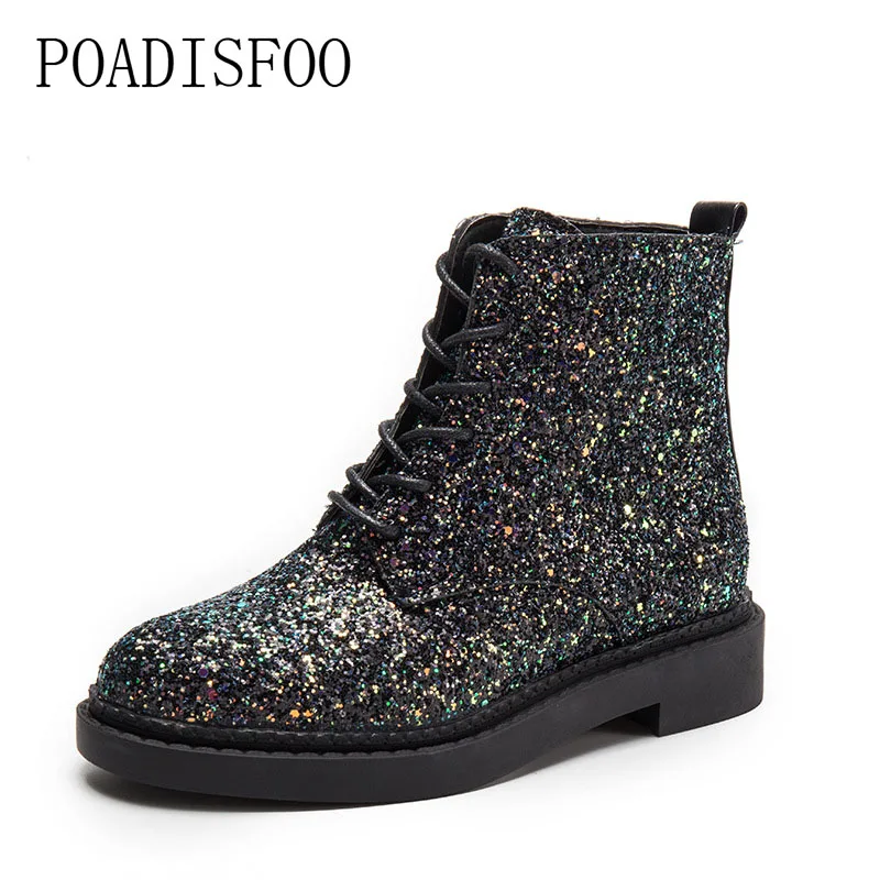 

POADISFOO Martin boots 2017 new senior PU Round Toe Square heel Low heel Sweet Bling Lace-Up Ankle Boots.CBSL-FS707