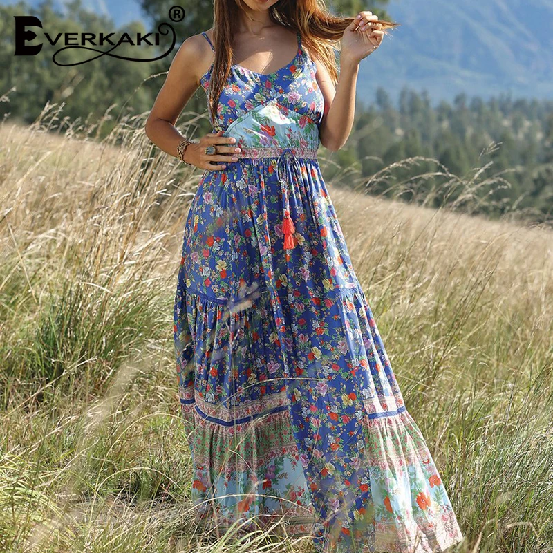 

Everkaki Boho Floral Print Maxi Slip Dress Women Gypsy Adjustable Waist Belt Tied Long Bohemian Dress Female 2019 Summer Autumn