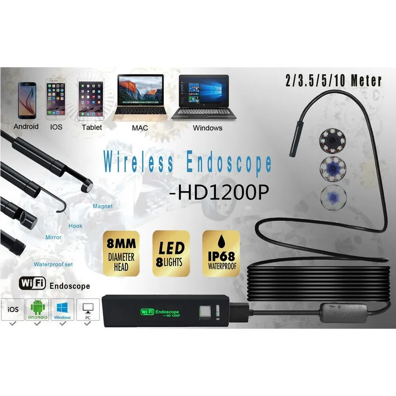 1200 P эндоскоп камера 2MP HD Wifi эндоскоп 2 м 3,5 м 7 м 10 м USB Инспекционная камера Водонепроницаемый Бороскоп камера жесткий кабель трубка