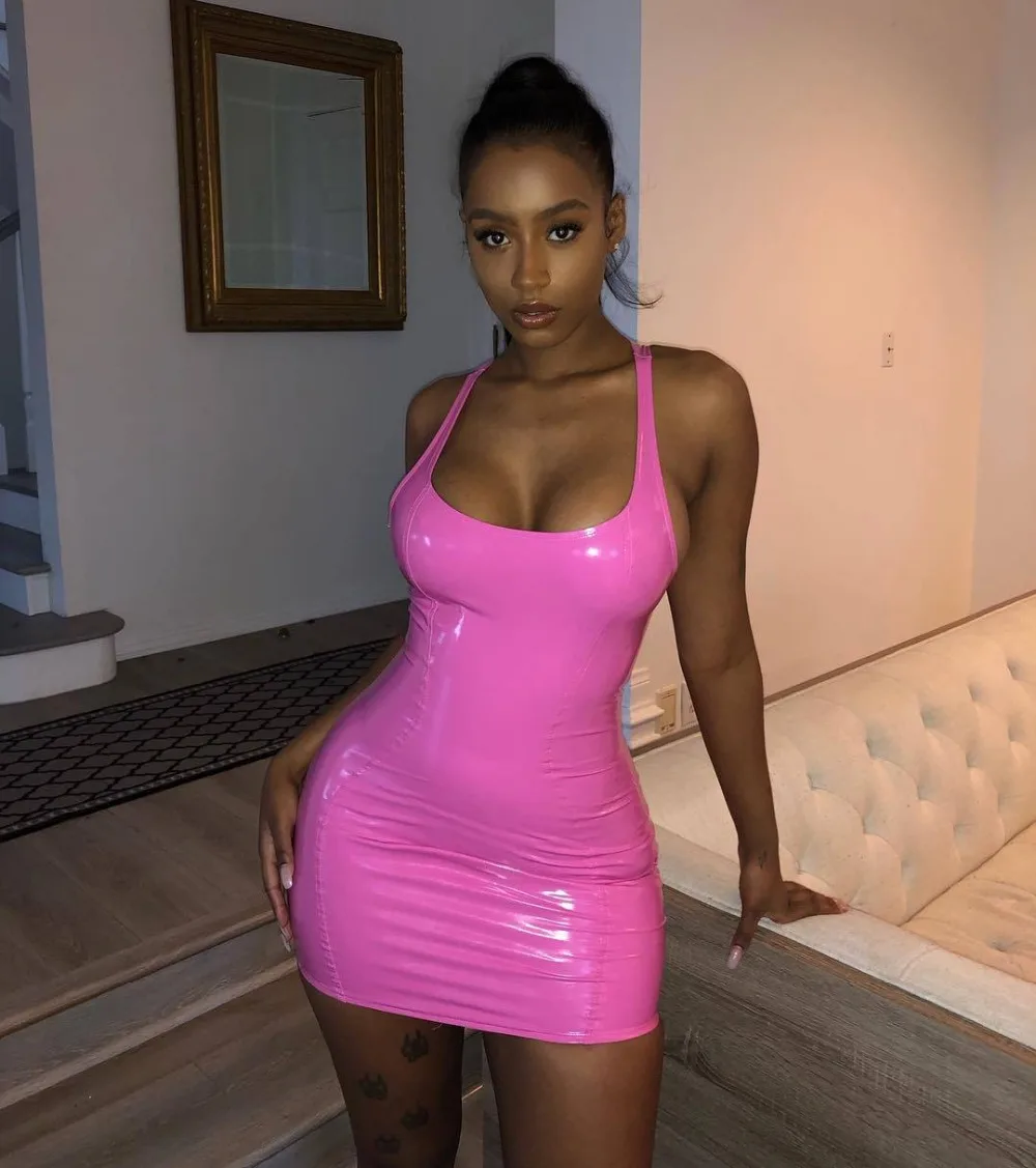 Ellolace Leather Pink Party Dress Mini Dress Women Elegant Short Midi Casual Red Dresses O-Neck Sleeveless Skinny Summer Dress