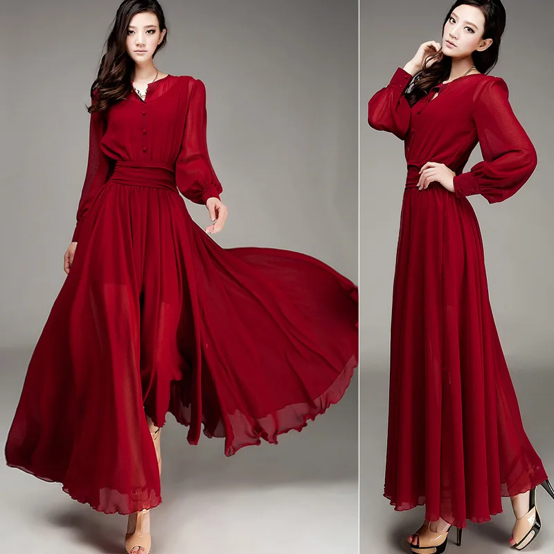 Summer Autumn New Arrival Womens Designer Long Sleeve Wine Red dress ...