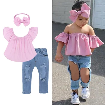 

Toddler Girls Clothes Sets Summer Kids Clothes Christmas Outfits Suits Off Shoulder Top+Broken Hole Jeans 3Pcs Children Clothing