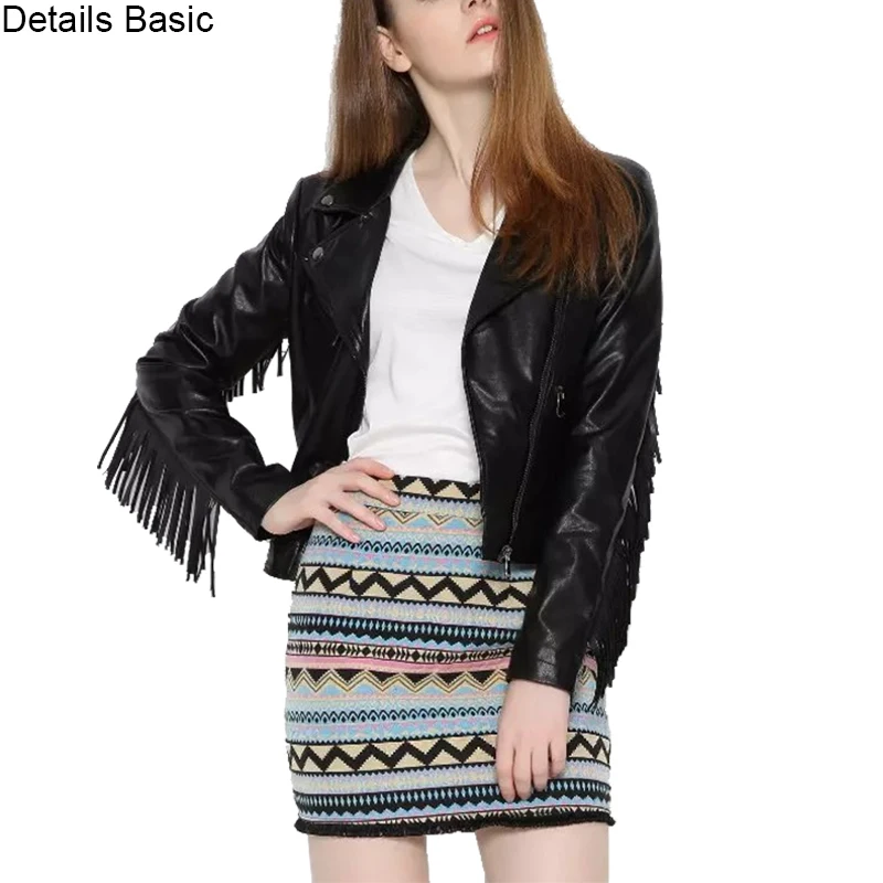 Горячая Распродажа, Новая модная женская короткая куртка, дизайнерское мотоциклетное пальто, тонкая кожаная куртка с кисточками, женские черные пальто, уличный стиль, куртка-бомбер