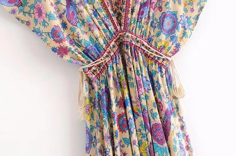 Boho птицы Цветочный принт летние платья Для женщин завышенная талия Ленточки с перекрестной шнуровкой с v-образным вырезом шикарные, оборками и коротким рукавом, длинное платье, платье