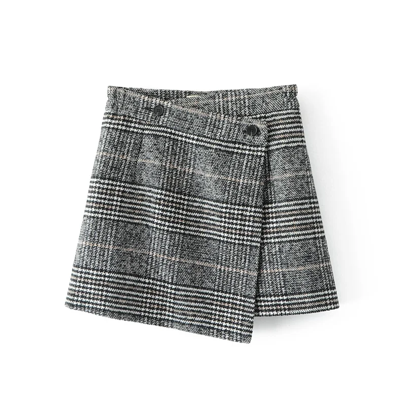 Skup Qooth wiosna 2019 spódnice damskie Casual krata wysokiej talii spódnica w kratę asymetryczna wełniana spódnica szare panie nowa odzież QH1718