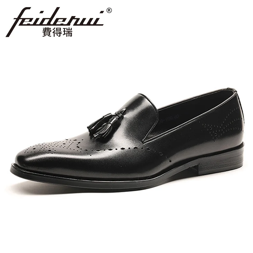 

Summer Designer Genuine Leather Men's Carved Office Loafers Formal Dress Pointed Toe Slip on Man Breathable Brogue Shoes HMS103