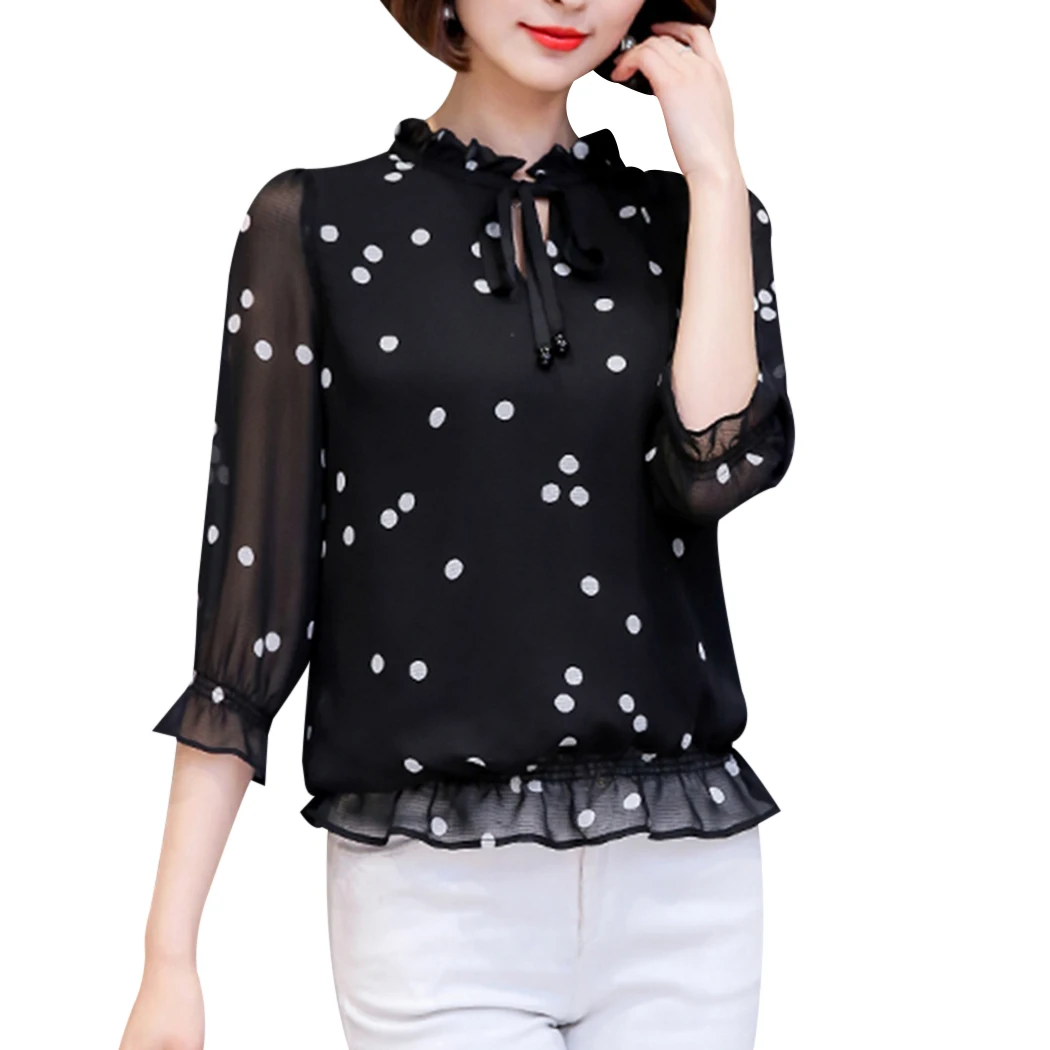 Korean Elegant Chiffon Blouse Women Polka Dot Long Sleeve Ruffles Summer Tops 2018 Plus Size