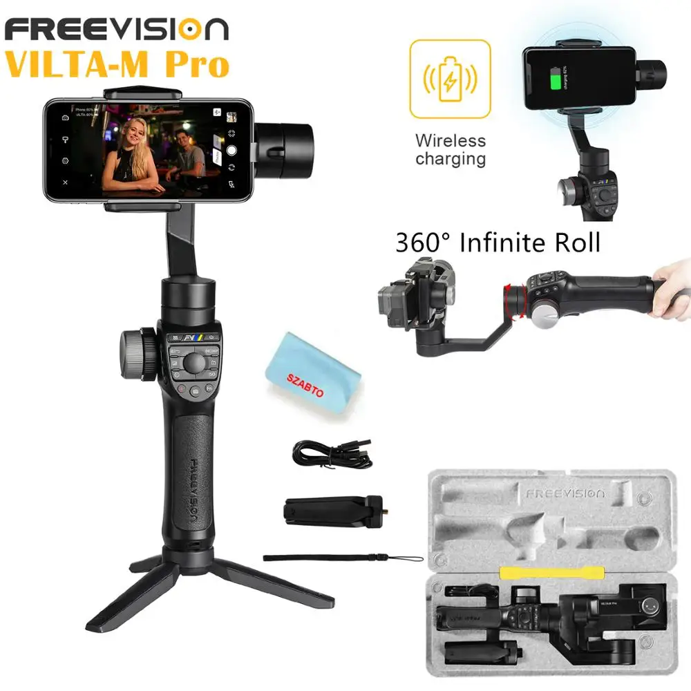 

Freevision VILTA-M Pro 3-Axis Gimbal Smartphone Stabilizer for iPhone Samsung w/Follow Focus & Zoom Wheel Face/Object Tracking