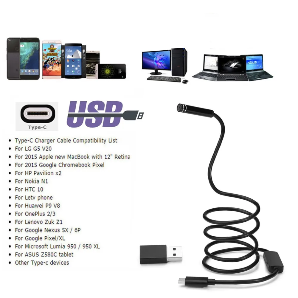 Type-C endoscope 5.5mm lens 1/3/5/7/10m semi rigid cable usb android endoscope camera waterproof led Borescopes for car repair