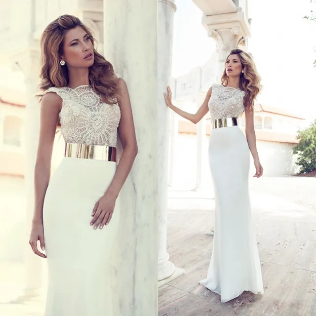 High Neck Heavy Beaded Bodice White Tight Gold Belt Party Dress Evening