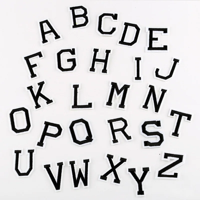 

Wholesale 26pc Black English Letter Brand Logo DIY Embroidered Patches for Clothing Iron on Clothes Appliques Stripes Sticker